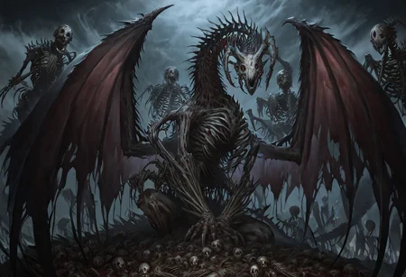 masterpiece, best quality, newest, absurdres, highres,
TWEV1.0, no humans, monster, giant, dragon, scales, dragon wings, dragon horns, undead, zombie, rotten flesh, horror (theme), skeleton, bones, skull,