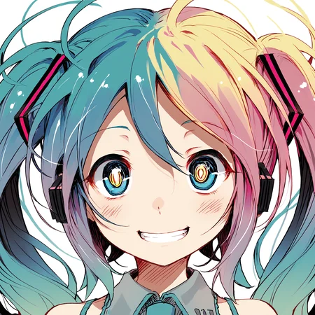 score_9, score_8_up, score_7_up,
<lora:Kamiya_Yuu_style_PDXL_V2-000020:1.0>, kamiya yuu, no game no life, gradient hair, multicolored hair, ringed eyes,
BREAK
1girl, solo, face focus, close-up,
hatsune miku, blue hair, messy hair, blonde hair, pink hair, long hair, long twintails, blue eyes,
eye trail, shining eyes, eye lightning,
grin, excited,