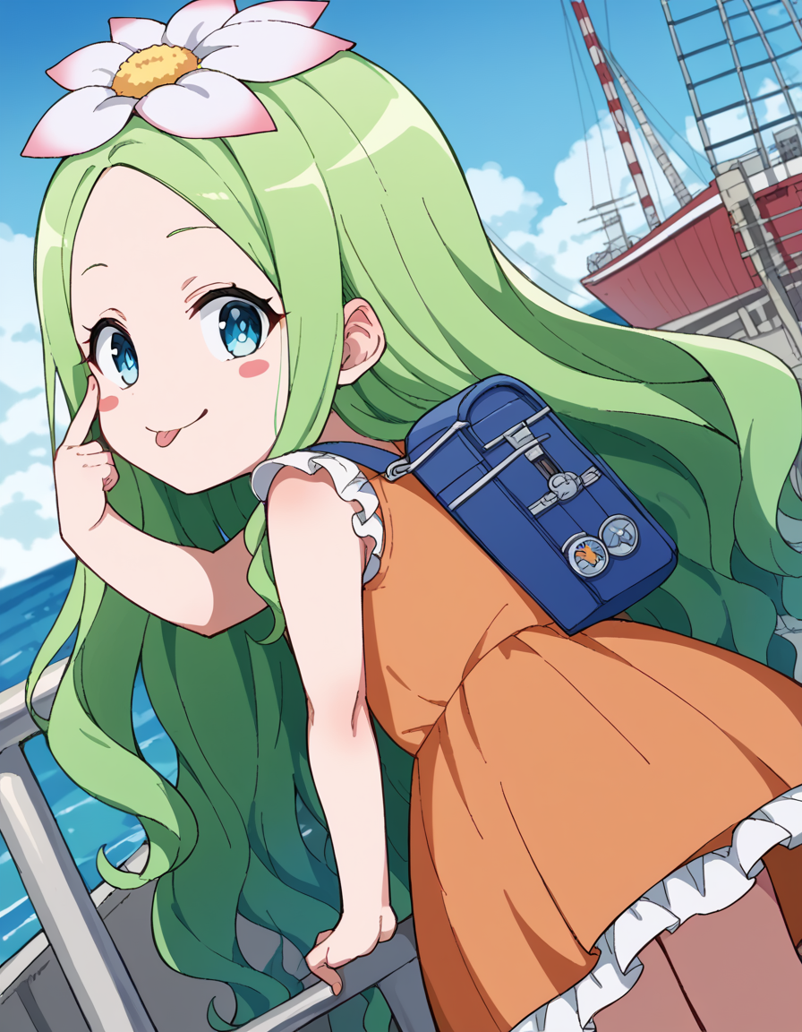 score_9, score_8_up, score_7_up, source_anime, <lora:celine-darkness-ponyxl-lora-nochekaiser:1>, celine, long hair, blue eyes, hair ornament, flower, green hair, hair flower, wavy hair, blush stickers,, dress, backpack, orange dress, frills,, shipyard, boats, construction, metal, workers, smile, <lora:akanbe-ponyxl-lora-nochekaiser:1>, akanbe, eyelid pull, finger to eye, tongue out, :p, tongue, ;p, blush, leaning forward, bent over, from side,, looking at viewer, solo,, dutch angle, cowboy shot