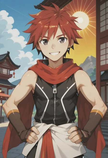 ((masterpiece)), ((best quality)), ((ultra-detailed)), ((absurdres)), score_9_up, score_8_up, score_7_up,
HD, top quality, best quality, amazing quality, High-quality illustrations, anime screencap, source_anime, best aesthetic, perfect proportions, perfect eyes, 1boy, 1male, solo boy, solo male, male focus, solo male focus, Anime, boy, male anime character, anime boy, ((kawaii, cute, charming)), ((small, small body, small height)), ((thin body, slender body, slim body, small body)), ((looking at front, looking at viewer)), ((front shot, front view, view from front)), Kousuke Fukuoka, ((red hair)), black-gray eyes, ((big eyes, kawaii eyes)), long red scarf, black shirt, zipper, sleeveless, brown arm gloves, fingerless gloves, light brown waistcloth, red waistcloth, updn, easynegative, neghands, Expressiveh, ((cowboy shot, head to hips shot)), ((traditional japanese background, outside, sun, clouds)), ((joyful look, happy expression, smile)), ((hands on hips pose))