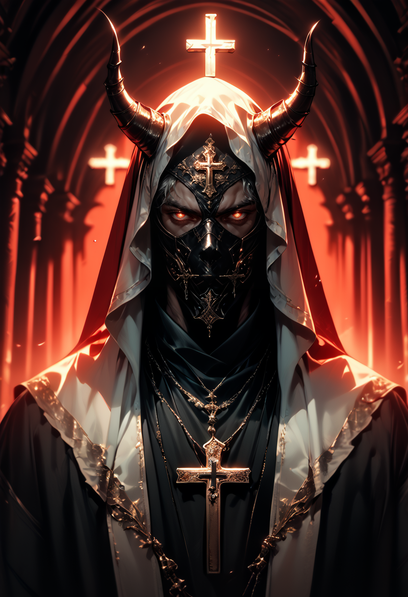 (score_9, score_8_up), score_7_up,  looking at viewer, white eyes, 1boy, jewelry, white hair, grey hair, short hair, hood, mask, horns, veil, necklace, cross, cross necklace, priest, high contrast, dark lighting, glowing red eyes, cinematic, cross necklace, backlighting, red theme,
blurry, depth of field, CINE, 
<lora:CINE-000012:0.7>  <lora:wildywest-000009:0.5>