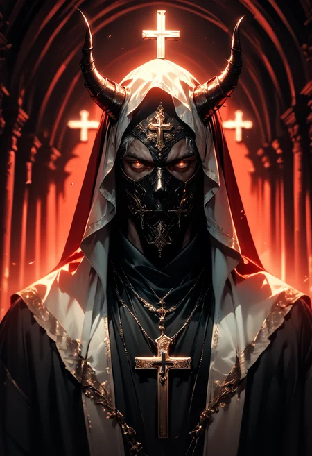 (score_9, score_8_up), score_7_up, looking at viewer, white eyes, 1boy, jewelry, white hair, grey hair, short hair, hood, mask, horns, veil, necklace, cross, cross necklace, priest, high contrast, dark lighting, glowing red eyes, cinematic, cross necklace, backlighting, red theme,
blurry, depth of field, CINE,
<lora:CINE-000012:0.7> <lora:wildywest-000009:0.5>