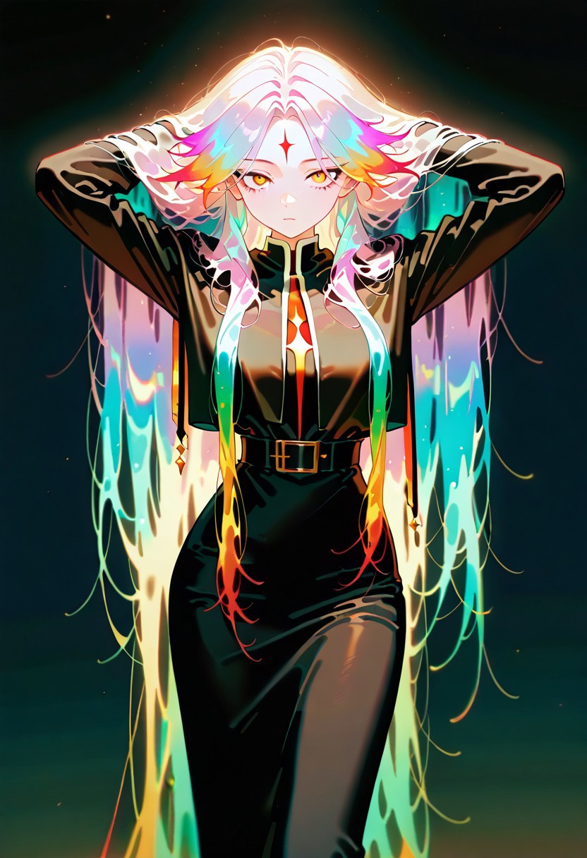 masterpiece,best quality,amazing quality,very aesthetic,absurdres,newest,1girl,pointed facial features, super long hair, hands behind head, hands lifting hair, gradient color hair,