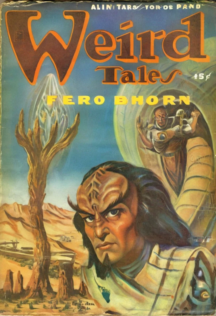Weird Tales pulp magazine cover,
male kling0n alien, forehead ridges, brown skin, nose ridges, large eyebrows, standing on a desert planet with a retro futuristic city far in the background