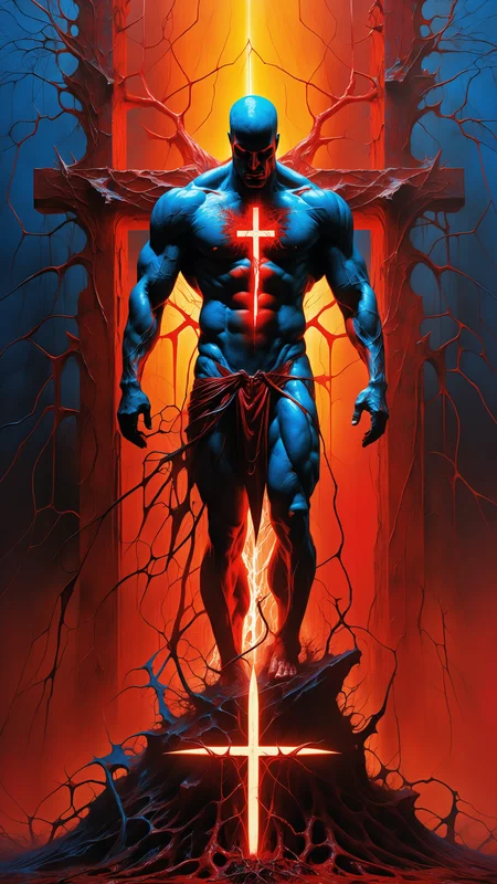 fighting game style masterpiece, best quality, ultra realistic,32k,RAW photo,detail skin, 8k uhd, dslr,high quality, film grain,\nShort and messy hair . dynamic, vibrant, action-packed, detailed character design, reminiscent of fighting video games, black bloody veins growing and intertwining out of the darkness, oozing thick neon rainbow blood, veins growing and pumping blood, vascular networks growing, connecting, explanding, red veins everywhere, zdzislaw beksinski, (vibrant colors:1.1), (Repetition:1.1), (Cross-hatching:1.1), (Infrared:1.2), Rust, Hypercube, ultra detailed, intricate, oil on canvas, ((dry brush, ultra sharp)), (surrealism:1.1), (disturbing:1.1), beksinski style painting, sparks, lensflare, rim lighting, backlighting, RTX, Post Processing, satanic cross, man body, muscular, venom costume