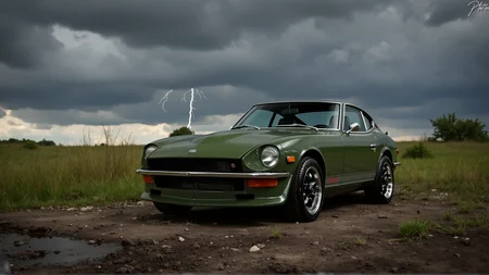 On the edge of a vast, stormy field under ominous gray clouds, a 1972 Nissan Datsun 240Z Fairlady in matte olive green cuts a stark figure. The carâs sharp lines and iconic grille stand out against the brooding sky, while flashes of distant lightning reflect off its chrome trim. The rough grass around the car sways in the wind, and puddles form in the dirt, their surfaces rippling with each raindrop. The setting radiates tension, adding drama to the carâs poised stance
<lora:ral-nssndtsn_000001000:1>
