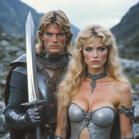 ArsMovieStill, 80s Fantasy Movie Still, The image shows a man and a woman dressed in medieval armor standing in a mountainous landscape. The man is on the left side of the image wearing a full suit of armor with a large sword in his hand. He has long blonde hair and is looking directly at the camera with a serious expression. The woman on the right side is wearing a strapless silver dress with intricate details and a choker necklace. She has long flowing blonde hair that is styled in loose waves. The background shows a rocky landscape with mountains in the distance. The image appears to be a promotional poster for a movie or TV show., 1girl, weapon, sword, blonde hair, armor, 1boy, long hair, breasts, blue eyes, cleavage