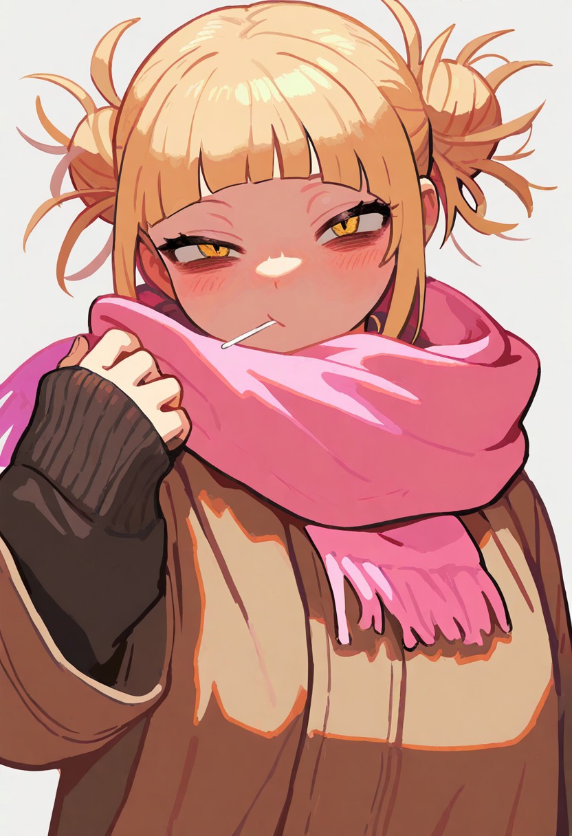 masterpiece, best quality, very aesthetic, high resolution, ultra-detailed, absurdres, newest, extremely detailed eyes, beautiful, perfect lighting, hi res, amazing quality, very awa, Brightly Lit, Highly Visible, 8k, sharp focus, beautiful, perfect lighting, volumetric lighting, scenery, painting_(artwork), KTNK_ST, CTSTL, toga himiko, General, 1girl, arched bangs, black thighhighs, blonde hair, brown coat, candy, closed mouth, coat, double bun, food, hair bun, lollipop, long sleeves, looking at viewer, messy hair, mouth hold, pink scarf, scarf, short hair, simple background, solo, thighhighs, upper body, white background, yellow eyes, Meta, highres
