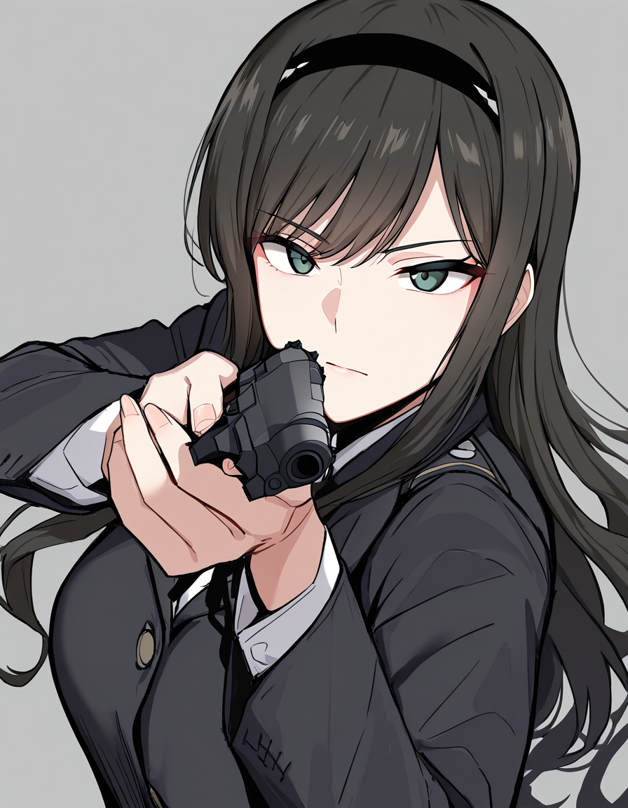 masterpiece, best quality, newest, absurdres, highres, safe,, <lora:haruka-morishima-ponyxl-lora-nochekaiser:1> haruka morishima, long hair, black hair, hairband, black hairband, large breasts,, <lora:center-axis-relock-stance-illustriousxl-lora-nochekaiser:1>, center axis relock stance, looking at viewer, holding, closed mouth, weapon, holding weapon, gun, holding gun, handgun, aiming, finger on trigger, aiming at viewer, m1911,, ,