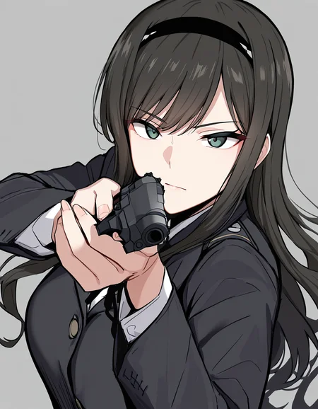 masterpiece, best quality, newest, absurdres, highres, safe,, <lora:haruka-morishima-ponyxl-lora-nochekaiser:1> haruka morishima, long hair, black hair, hairband, black hairband, large breasts,, <lora:center-axis-relock-stance-illustriousxl-lora-nochekaiser:1>, center axis relock stance, looking at viewer, holding, closed mouth, weapon, holding weapon, gun, holding gun, handgun, aiming, finger on trigger, aiming at viewer, m1911,, ,