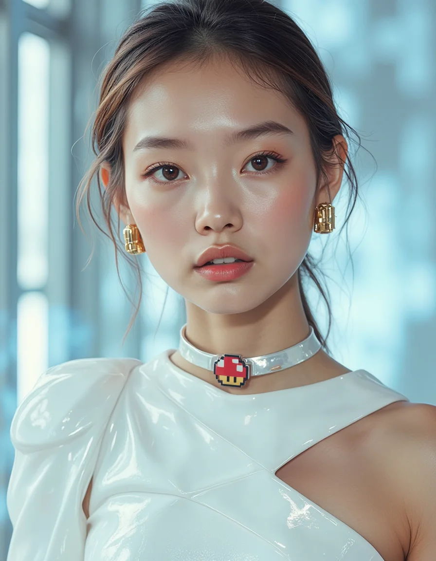 A photorealistic, high-fashion editorial close-up, upper body shot blending futuristic minimalism with Mushroom Kingdom charm. A female model with a sleek hairstyle and a poised expression faces the camera. She wears a structured, asymmetrical top crafted from a high-tech, subtly shimmering white material, featuring clean geometric lines and perhaps a molded shoulder detail. Contrasting against the futuristic garment are delicate, intricately detailed Mushroom Kingdom-themed jewelry pieces: tiny stud earrings shaped like pixelated Question Blocks made of polished gold, and a thin silver choker necklace adorned with a miniature, sculpted Piranha Plant charm detailed with red and white enamel. Her makeup is sharp and minimalist, possibly with a graphic eyeliner element. The background is a clean, out-of-focus gradient of cool blues and greys, suggesting a minimalist high-tech space. Lighting is crisp and directional, highlighting the texture of the futuristic fabric and the fine details of the jewelry. Sleek futuristic aesthetic, playful jewelry detail, ultra-detailed, sharp focus, 8K resolution.
<lora:mushroom-kingdom-fashion-flux:0.8>