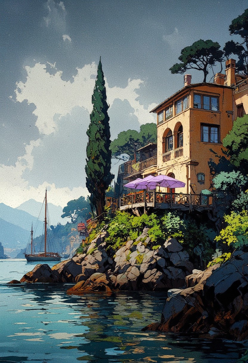 A stunning semi-realistic digital painting of a coastal villa surrounded by lush greenery, set against a misty sea with distant mountains in the background. The scene captures a rainy day with visible raindrops falling, creating a moody and atmospheric ambiance. The villa has a Mediterranean architectural style, featuring warm beige walls, elegant balconies, and purple umbrellas on the terrace. Tall cypress trees and other dense foliage frame the house, adding depth and richness to the composition. To the left, sailboats with tall masts are docked near the shore, their reflections slightly distorted by the gentle ripples of the water. The sky is overcast with dark clouds, enhancing the tranquil yet melancholic mood of the scene. The color palette consists of cool blues and grays, with subtle warm tones from the villa and greenery. The art style blends impressionistic brush strokes with fine details, creating a painterly yet refined aesthetic.
,  anime, cyberpunk