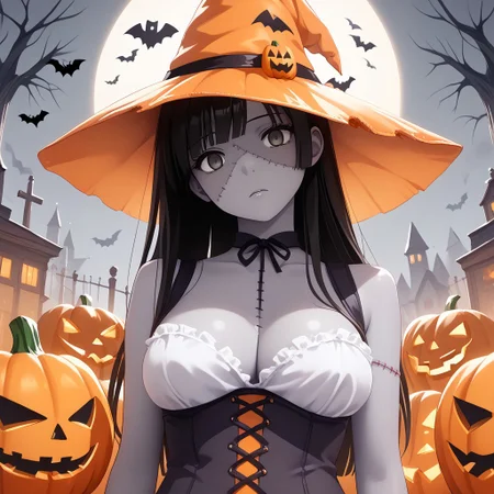 Empty eyes, long hair, black hair, pumpkin hat,large breasts
sleepy,sleepy-eyed,(head tilt:1.2)
Low-angle view,
<lora:zombie-ponyxl-lora-nochekaiser:1>, zombie, colored skin, stitches, grey skin, multicolored skin, stitched face, halloween, halloween costume,
score_9, score_8_up, score_7_up, masterpiece, best quality, source_anime, source_hentai, uncensored, detailed background,