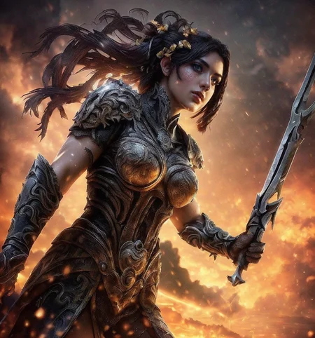 RAW photo, (masterpiece:1.3), subsurface scattering, heavy shadow, (high quality:1.4), (intricate, high detail:1.2), professional photography, HDR, High Dynamic Range, realistic, ultra realistic, photorealistic, high resolution, film photography, ambient lighting, atmospheric effects, <lora:detail_slider_v4:3>, OverallDetail,  <lora:Battlemage:1>, a female battlemage, dynamic pose, epiCPhoto