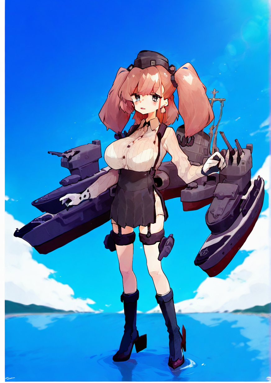 <lora:rimukoro:1.2>,1girl, atlanta (kancolle), huge breasts, anchor, anchor hair ornament, black footwear, black headwear, black skirt, boots, bra visible through clothes, breasts, brown hair, cannon, dress shirt, earrings, full body, garrison cap, garter straps, gloves, grey eyes, hair ornament, hat, headgear, high-waist skirt, high heel boots, high heels, jewelry, knee boots, long hair, long sleeves, machinery, ocean, outdoors, parted lips, partially fingerless gloves, rigging, rudder footwear, shirt, skirt, solo, standing, standing on liquid, star (symbol), star earrings, suspender skirt, suspenders, thigh strap, torpedo, torpedo tubes, turret, two side up, water, white gloves, white shirt,  very awa, masterpiece, best quality,highres, absurdes,amazing quality