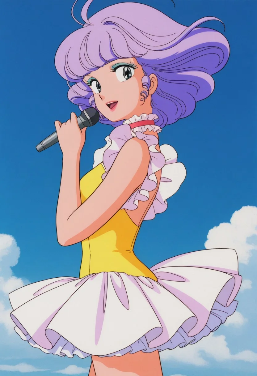 masterpiece, best quality, source_anime,official art,perfect_anatomy,1990s_\(style\),retro_artstyle,creamy mami,1girl,purple hair,short hair,makeup,lips,choker
frilled dress,yellow leotard,(looking_at_viewer,smile,Microphone,Singing),cowboy shot,hip,from side,close to viewer,day,blue_sky,cloud