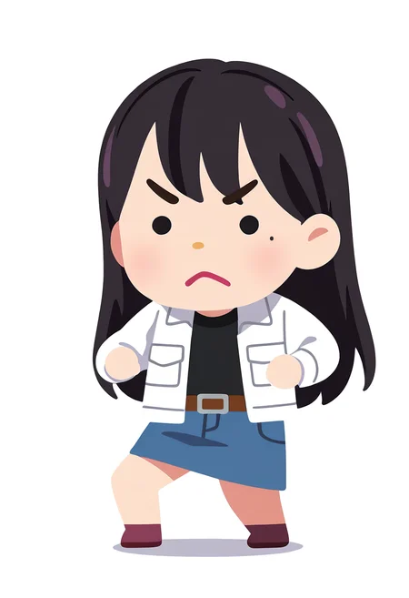 masterpiece, best quality, amazing quality, very aesthetic, absurdres, <lora:CH:1.1>
1girl,solo, chibi, mole,<lora:shiina_taki_IlluXL:1>,<lora:TakiShiina:1>
anime, cartoonized,2d illustration, simple, simple background,upper body,
white jacket,black shirt,denim skirt,denim skirt,brown belt
white background, fighting pose