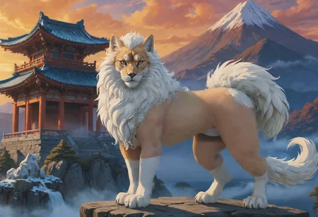 swordsman, ninetales, mitachurl features like feline ears and tail, multilayered color palette, tattered, feeling of tranquility, colorful, with intricate details accentuating the vivid, vibrant colors of sunrise or sunset, mythical, dynamic composition, intricate patterns on fur, the mythical liondogs of japan, temple architecture, ominous, art, muscular, mountains on background, snowcapped, flowing mane, determined expression, sophisticated attire