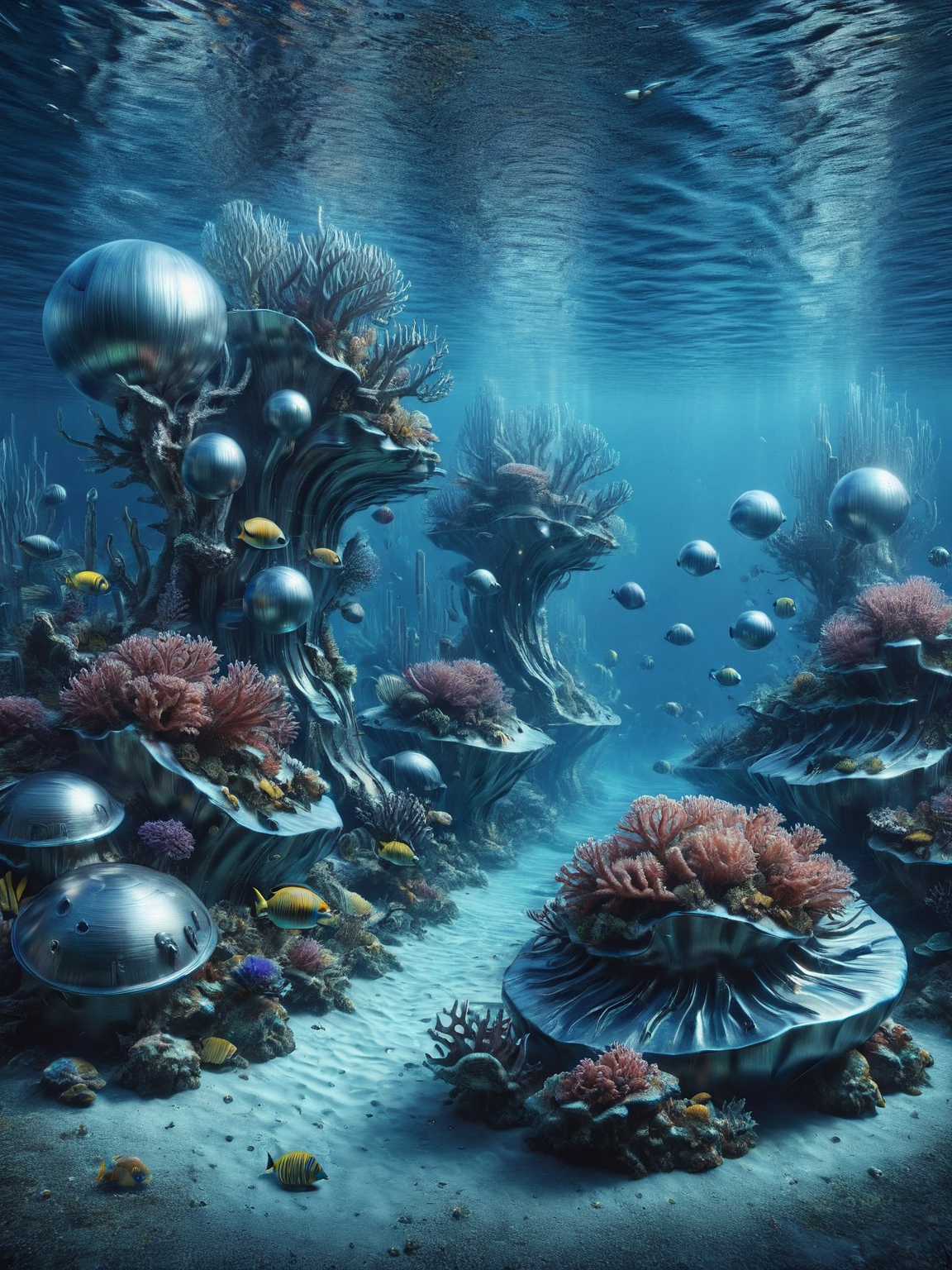 A vibrant ais-steelz coral reef teeming with life, adding a futuristic touch to the underwater world <lora:Brushed_Steel_Style_SDXL:1>
