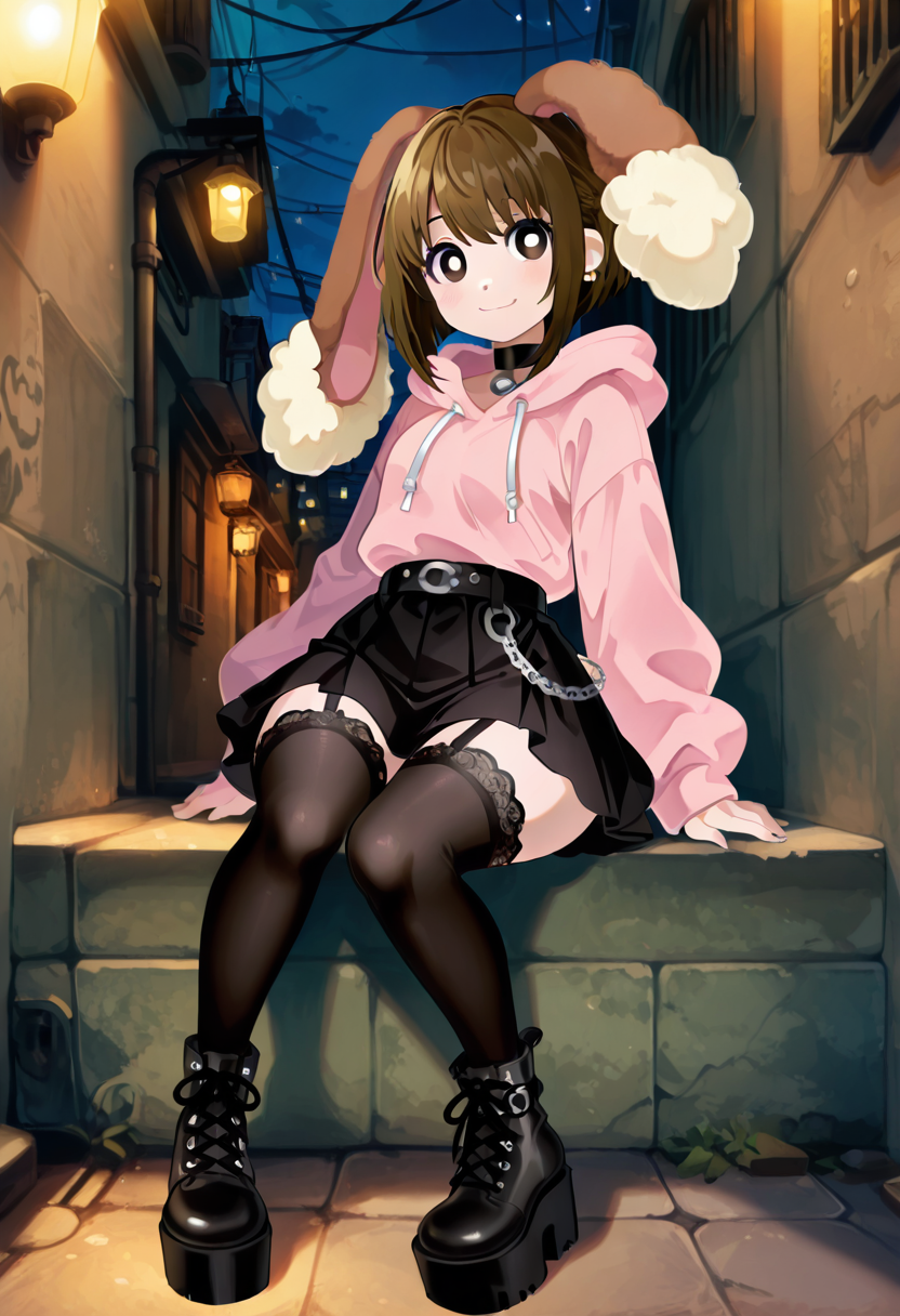masterpiece, best quality, no humans, smile, looking at viewer, narrow waist, wide hips, sitting,    [Pastel Goth Alley], zzBuneary, brown hair, fluffy ears, round eyes, soft fur, 1girl, solo, oversized hoodie, pastel pink, black skirt, chains, platform boots, chokers, lace stockings, gothic accessories, night alley, soft glow from streetlights â zzBuneary stands in a dimly lit alleyway, the soft glow of streetlights casting long shadows on the walls. Her oversized pastel hoodie contrasts with the dark night around her. The air is thick with a melancholic aura as she gazes down at her platform boots, the chains on her skirt gently swaying in the breeze, and her fluffy ears twitch in the quiet night.   <lora:BunearyPokedex_IXL:1.0>,  C0utur3Cr4z3, <lora:CoutureCraze_IXL:0.6>,
