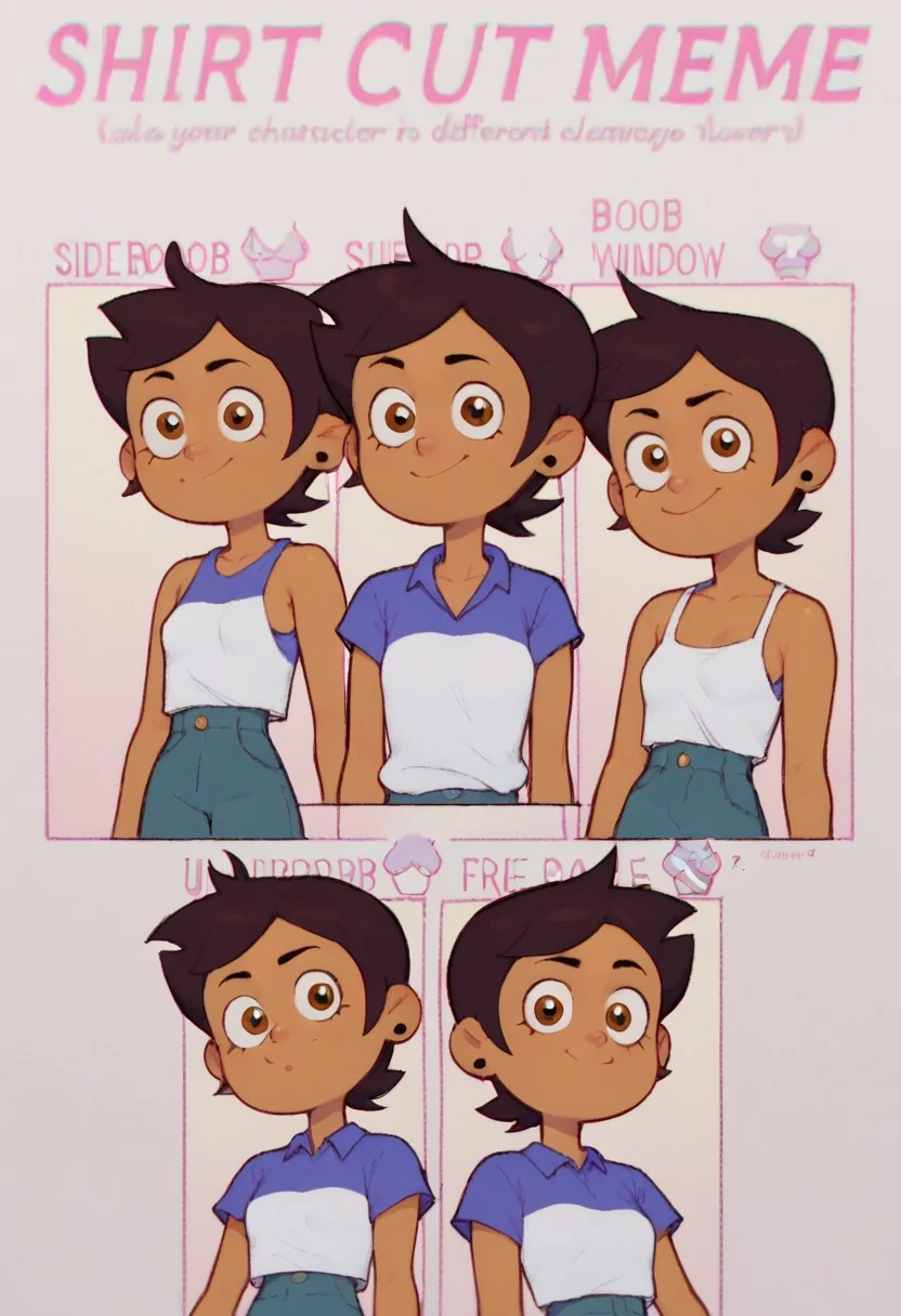 score_9, score_8_up, score_7_up, 1girl, solo, Luz Noceda, brown hair, short hair, dark skin , small breasts, shirt cut meme, mature, small breasts, , simple background , white background,