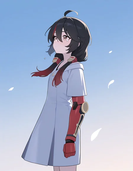 simple background,blue archive,game cg,flat color,from side,flower,wind,looking up,sky,tears,(dress:1.5),
<lora:changan_noob:0.6>,huanxing-changan,1girl,solo,black hair,multicolored hair,red hair,brown eyes,hair between eyes,bangs,ahoge,hair ornament,single mechanical arm,collarbone,
masterpiece,best quality,very aesthetic,absurdres,