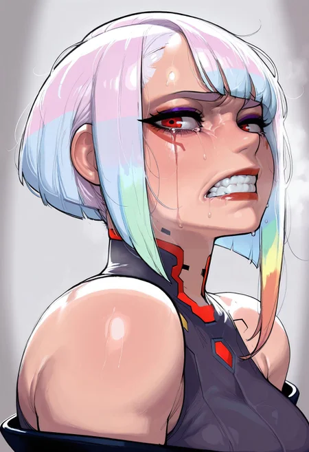 masterpiece,best quality,amazing quality, <lora:krekkov_style_ilxl_goofy:1> krekkov style, lucy \(cyberpunk\), 1girl, solo, tears, clenched teeth, teeth, red eyes, looking at viewer, makeup, bangs, short hair, bare shoulders, upper body
