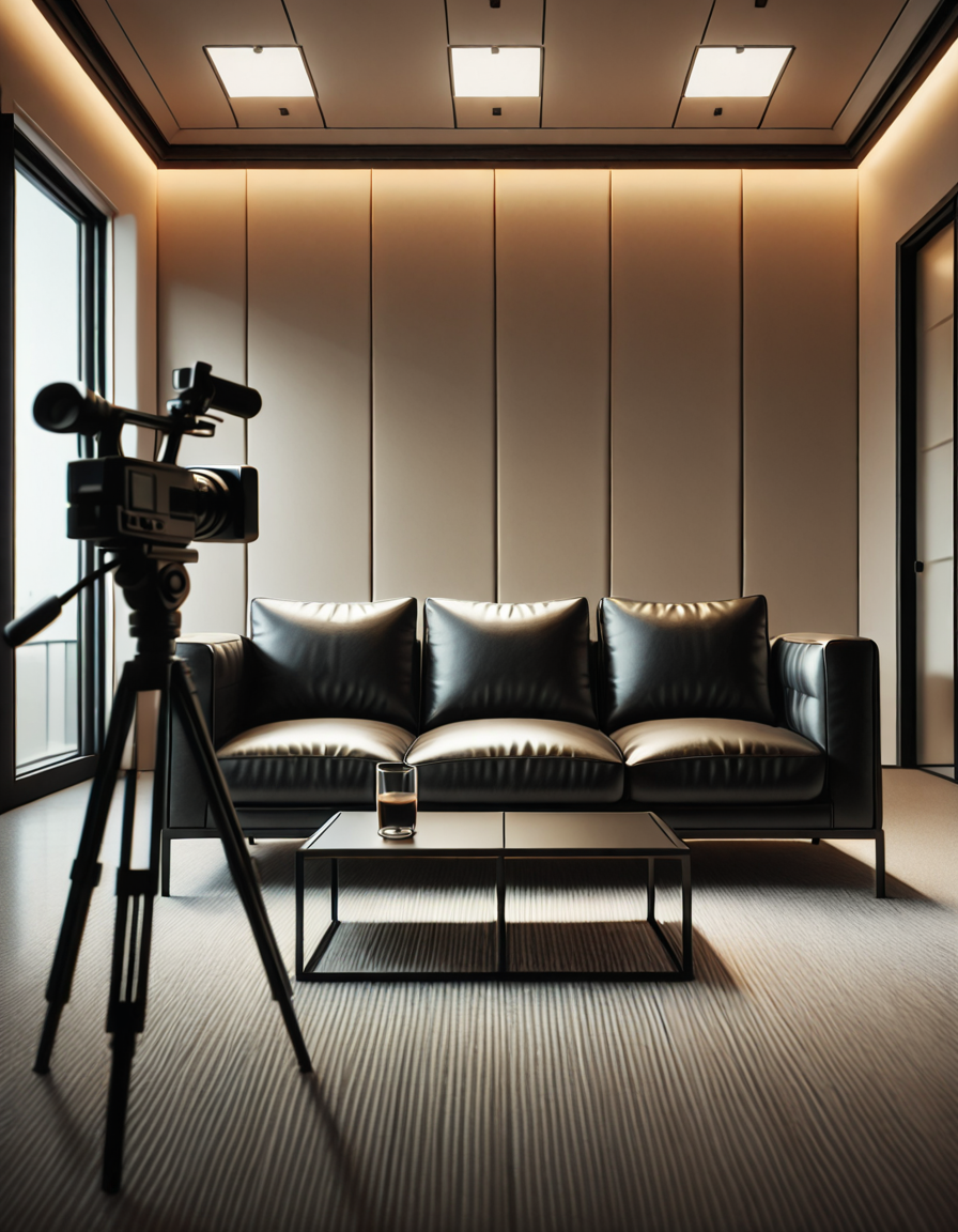A high-quality, realistic photograph of a modern casting office interior featuring a simple black leather couch positioned against a plain white wall. The couch is sleek, clean, and minimalist in design, with smooth cushions and subtle stitching details. In front of the couch is a small, low wooden coffee table with a few neatly stacked magazines and a glass of water. To the side, there's a professional camera on a tripod aimed at the couch, with softbox lights set up to provide balanced, diffused lighting, eliminating harsh shadows. The floor is covered with light gray carpet, adding a soft texture to the scene. The atmosphere is quiet and neutral, resembling a professional interview space. The overall composition is centered and symmetrical, with a clear focus on the furniture and equipment. No people are present. The photograph has a natural daylight tone coming from an unseen window, giving a soft, ambient glow to the room.
<lora:SDXLFaeTastic2400:0.4> <lora:extremely_detailed:0.4> extremely detailed, <lora:C4st1ng_c0uch-i:1>,C4st1ng c0uch, Masterpiece,best quality,hi res,8k,hi res,8k,award winning,(sharp focus, intricate, highly detailed),