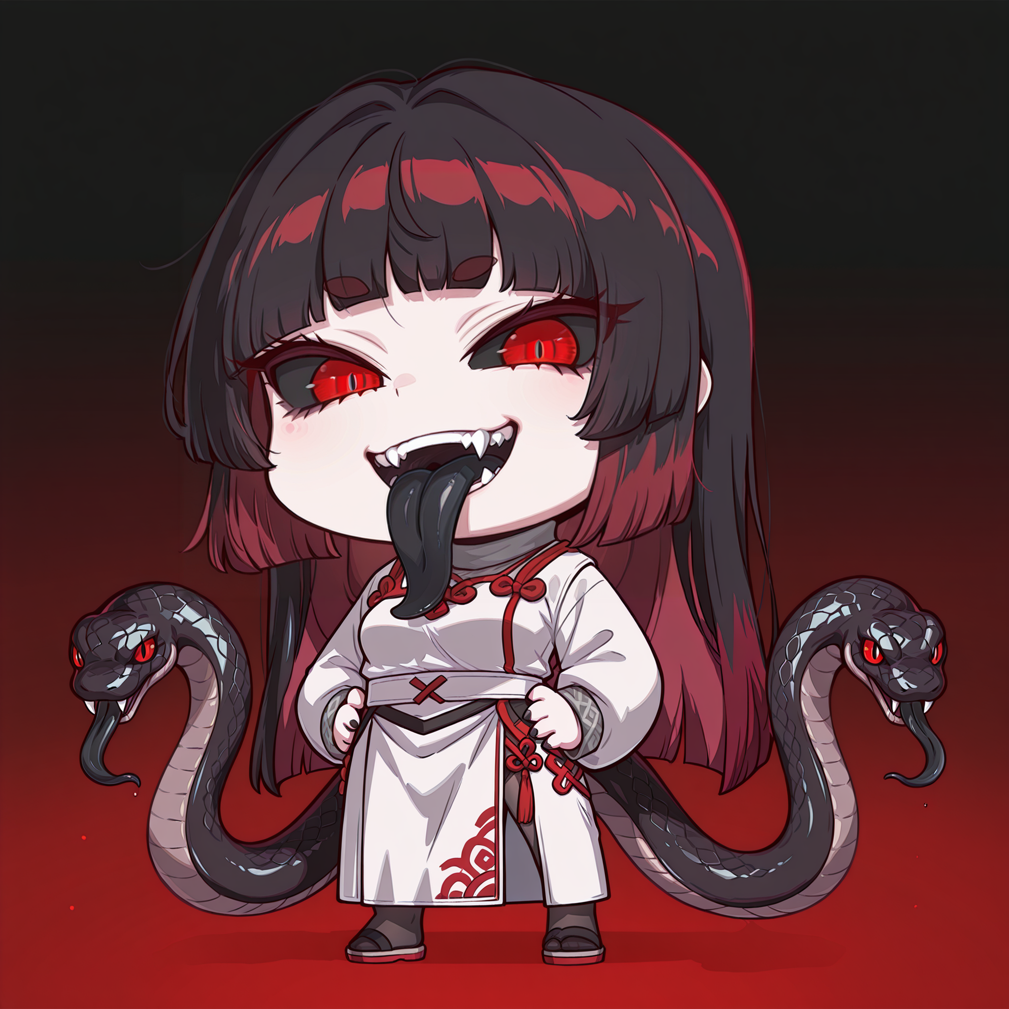 masterpiece, best quality, amazing quality, very aesthetic, absurdres, newest, scenery, 1girl, solo,  <lora:Meisha:1>,  black hair, red hair tips, long bangs, hime cut, black sclera, red eyes, split pupils, thick eyebrows, medium breasts, chibi, full body, <lora:FGO_April_Fool:1>,  april fools, gradient background, standing, coy smile, teeth, fangs, black tongue, long tongue, black snakes, looking at viewer, grey turtleneck, white tunic, red accents, chinese pattern, long skirt, white skirt, pantyhose, sandals, hands on waist