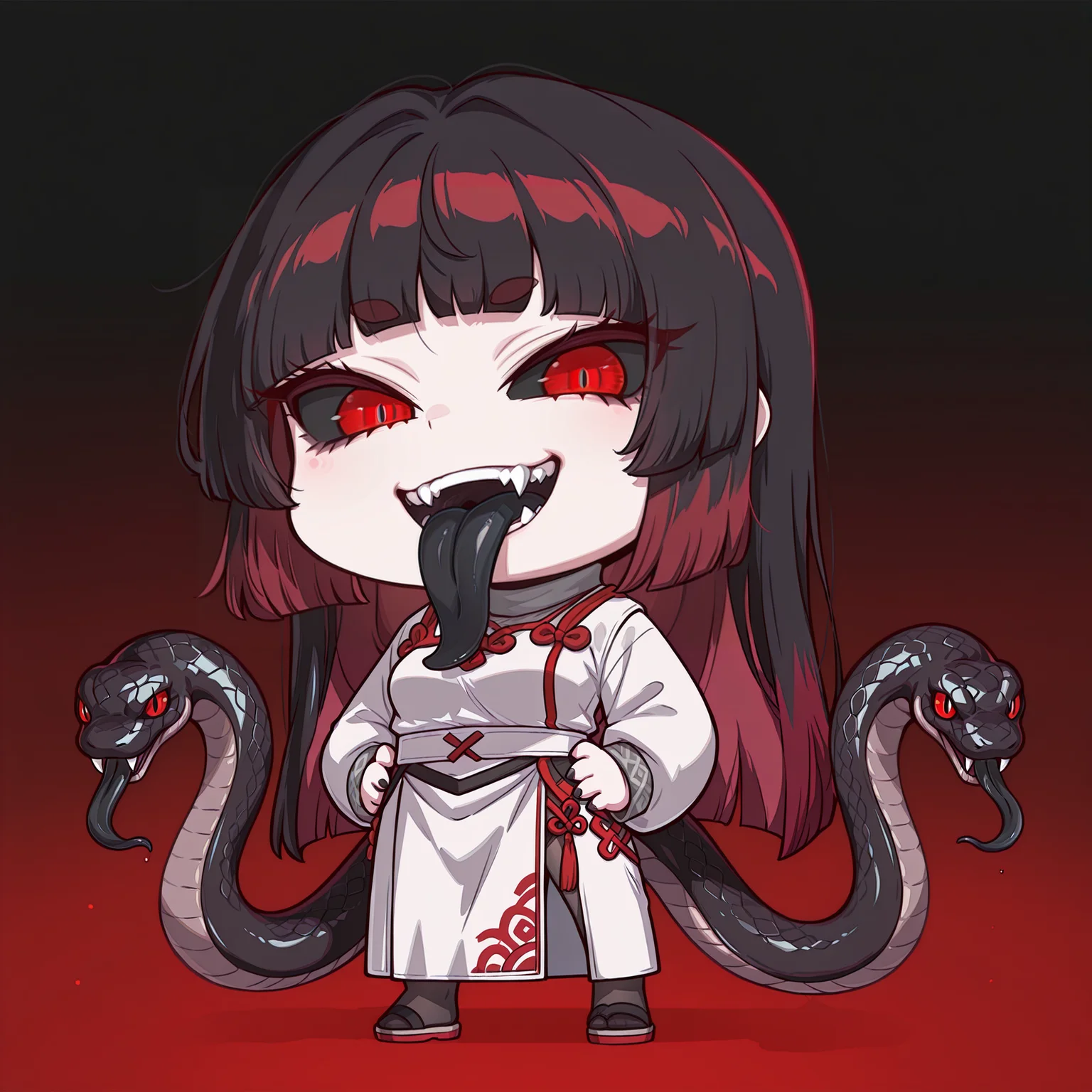 masterpiece, best quality, amazing quality, very aesthetic, absurdres, newest, scenery, 1girl, solo, <lora:Meisha:1>, black hair, red hair tips, long bangs, hime cut, black sclera, red eyes, split pupils, thick eyebrows, medium breasts, chibi, full body, <lora:FGO_April_Fool:1>, april fools, gradient background, standing, coy smile, teeth, fangs, black tongue, long tongue, black snakes, looking at viewer, grey turtleneck, white tunic, red accents, chinese pattern, long skirt, white skirt, pantyhose, sandals, hands on waist