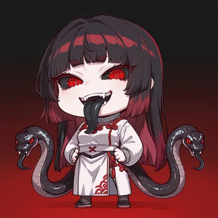 masterpiece, best quality, amazing quality, very aesthetic, absurdres, newest, scenery, 1girl, solo, <lora:Meisha:1>, black hair, red hair tips, long bangs, hime cut, black sclera, red eyes, split pupils, thick eyebrows, medium breasts, chibi, full body, <lora:FGO_April_Fool:1>, april fools, gradient background, standing, coy smile, teeth, fangs, black tongue, long tongue, black snakes, looking at viewer, grey turtleneck, white tunic, red accents, chinese pattern, long skirt, white skirt, pantyhose, sandals, hands on waist