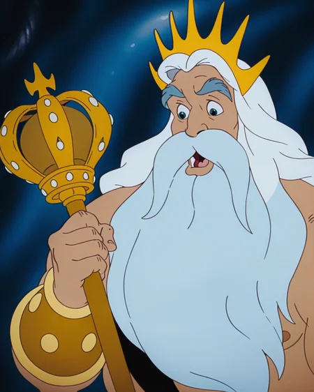 masterpiece, best quality, amazing quality, absurdres, DisneyRenstyle, King Triton, TLM, male focus, long beard, facial hair, crown, white hair, holding, long hair, thick mustache, 1boy<lora:Disney_Renaissance_IllustriousV1:1>