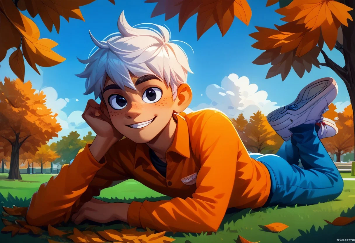 score_9, score_8_up, score_8, 1boy, solo, Lincoln Loud, white hair, black eyes, orange polo shirt, blue pants, freckles, black freckles, round ear, white shoes with red stripes, chipped bucktooth, smile, looking at viewer, rating_safe, park, overstimulation, lying on stomach, autumn,