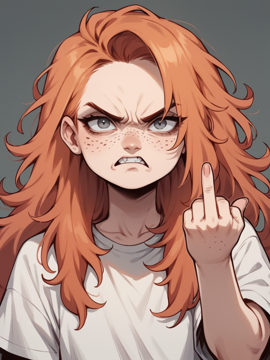 score_9, score_8_up, score_7_up, score_6_up, <lora:3m0t3XLP:1>3m0t3, ginger hair, middle finger, angry, grumpy, 1girl, freckles, grey eyes, long hair, Fr3ckles, <lora:Fr3ckledXLP:0.2>