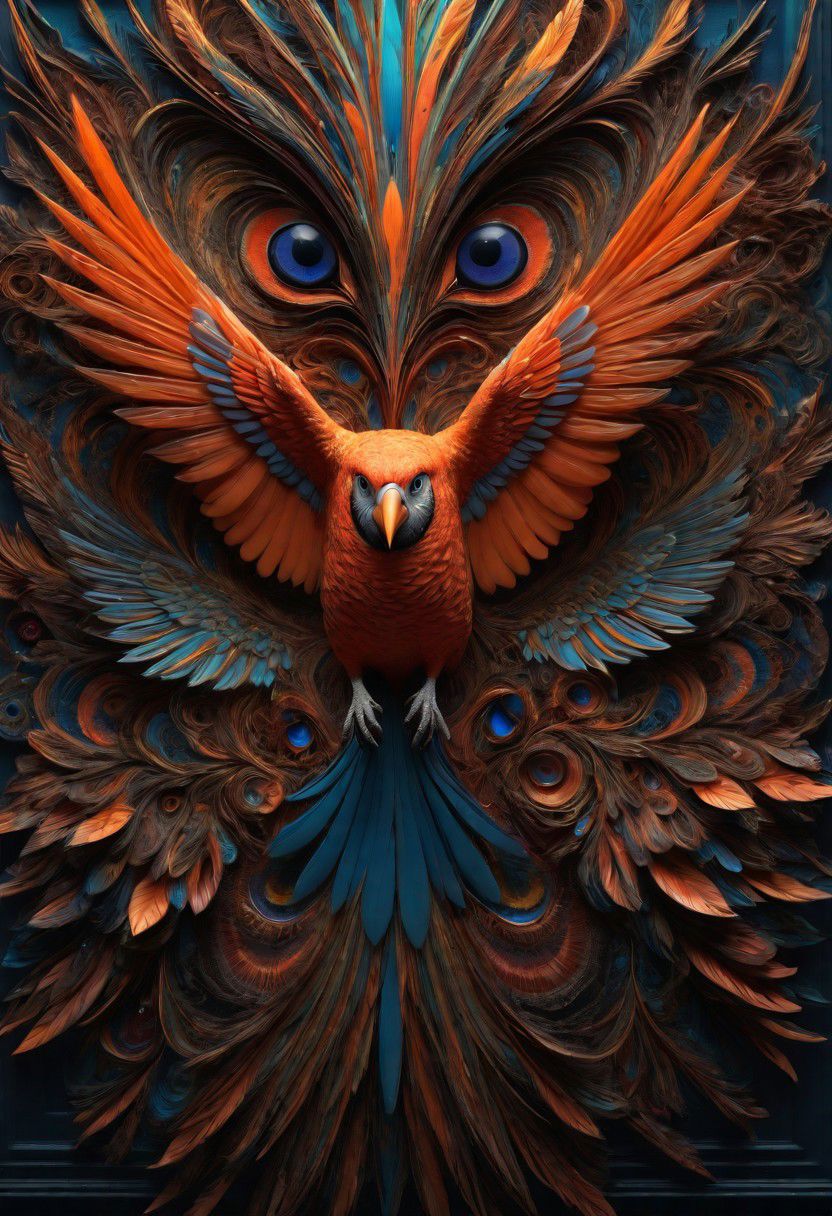 vivid colorful realms of your mind, abstract details, distinctive visuals, Full 3D, Intricate, sharp details, UHD, (3D Framed, Bird)