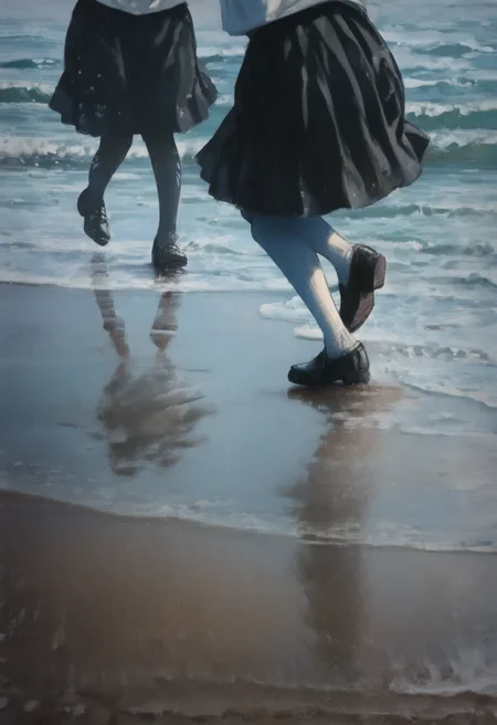 2girls,beach,black footwear,black skirt,footprints,legs,loafers,lower body,multiple girls,out of frame,outdoors,pantyhose,running,school uniform,shoes,skirt,socks,standing,walking,water,wide shot,
masterpiece, best quality, amazing quality, absurdres, newest, realistic, painting \(medium\),
<lora:fuenze:1>,
<lora:lora:0.5>