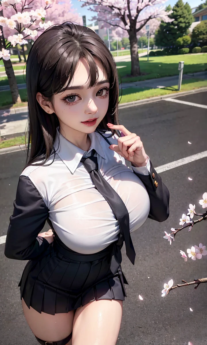 (realistic:1.5), photorealistic, octane render, (4k, 8k), (hyperrealistic:1.2), (photorealistic face:1.2), (Best Quality), extremely detailed, intricate, hyper detailed, (eyes detailed, finger detailed:1.2), looking at viewer, (short hair, curly hair, dense bangs, black hair), (outdoors, cherry blossom trees, korean school uniform:1.3), (1girl, solo, alone, large breasts, large thighs, 2legs, walking, tie up hair:1.4), (brown eyes:1.2), smile, full bodyshot