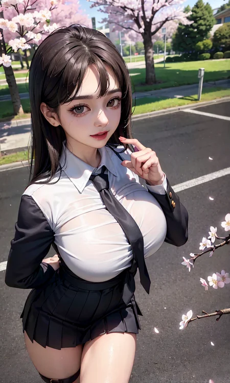 (realistic:1.5), photorealistic, octane render, (4k, 8k), (hyperrealistic:1.2), (photorealistic face:1.2), (Best Quality), extremely detailed, intricate, hyper detailed, (eyes detailed, finger detailed:1.2), looking at viewer, (short hair, curly hair, dense bangs, black hair), (outdoors, cherry blossom trees, korean school uniform:1.3), (1girl, solo, alone, large breasts, large thighs, 2legs, walking, tie up hair:1.4), (brown eyes:1.2), smile, full bodyshot
