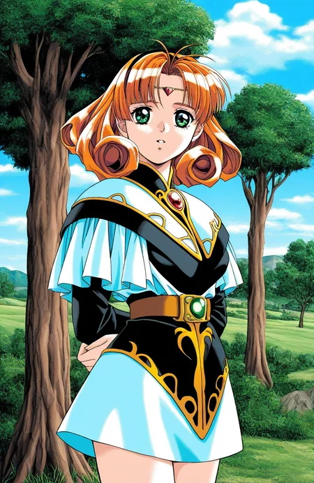 general,highres, ultra-detailed,very aesthetic,best quality ,best hands, BREAK <lora:Natasha_Dragon_knight_â
£_IS:1>Natasha,1girl,solo, orange hair, green eyes, medium hair, curly hair, bangs, circlet, breasts,
tree, day, outdoors, curly hair, short hair, belt, looking at viewer, gem, sky, long sleeves, arms behind back, cloud, dress, tiara, parted lips, cape, jewelry, cowboy shot, skirt,