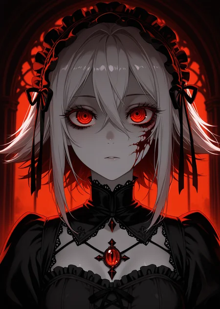 masterpiece, best quality, amazing quality, very aesthetic,
eye_focus,
1girl, solo, gothic aesthetic, dark fantasy, ultra-detailed anime eyes, deep crimson or violet irises, smoky eye makeup, sharp eyeliner, long thick eyelashes, pale skin contrast, shadowed lighting, melancholic expression, sharp facial details, high contrast lighting, elegant gothic dress, subtle eerie glow, dark atmosphere, Victorian-inspired background, deep color tones, haunting beauty, cinematic framing, high resolution, soft yet intense look, anime gothic art
,<lora:eye_focus_illus:1>,