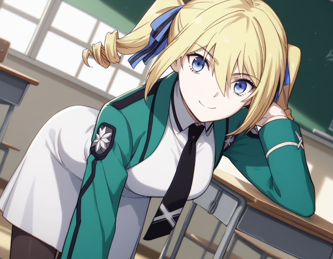 score_9, score_8_up, score_7_up, source_anime,
angelinakudoushields, <lora:angelina-kudou-shields-s2-ponyxl-lora-nochekaiser:1>,
angelina kudou shields, blue eyes, blonde hair, ribbon, hair between eyes, twintails, hair ribbon, drill hair, blue ribbon, twin drills,
long sleeves, dress, school uniform, pantyhose, necktie, white dress, black necktie,
indoors, classroom, bent over, smile,
solo, dutch angle, looking at viewer, cowboy shot,