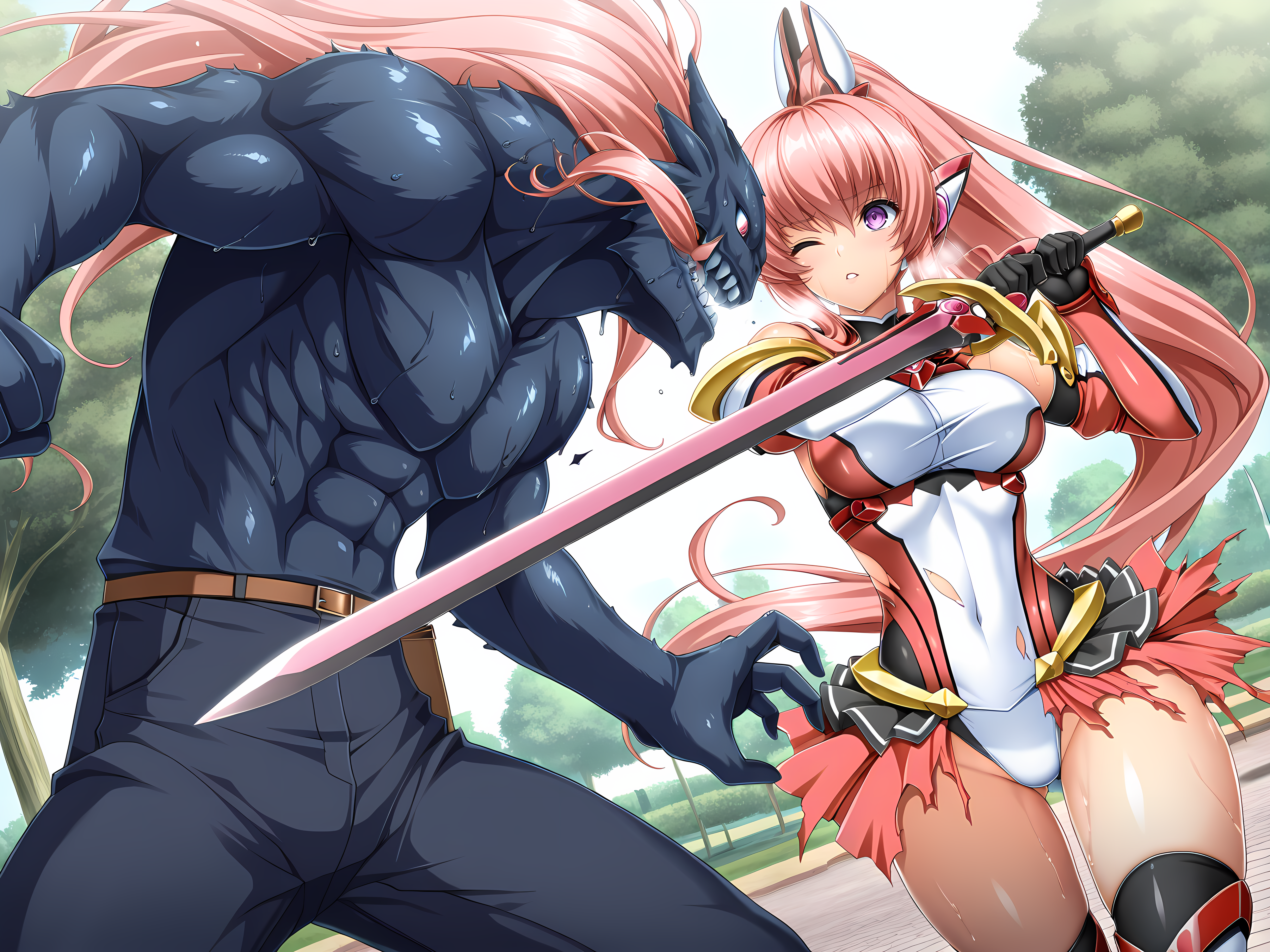 <lora:Ries_-_Illustrious:0.7>,(1girl:2),chevalier,lusterise,high ponytail,cowboy shot,long hair,large breasts,parted lips,heavy breathing,sweat,fighting,sword,holding sword,torn clothes,monster,outdoors,park,attack,dutch angle,one eye closed,swinging weapon,swinging,looking at another,, masterpiece,best quality,amazing quality,