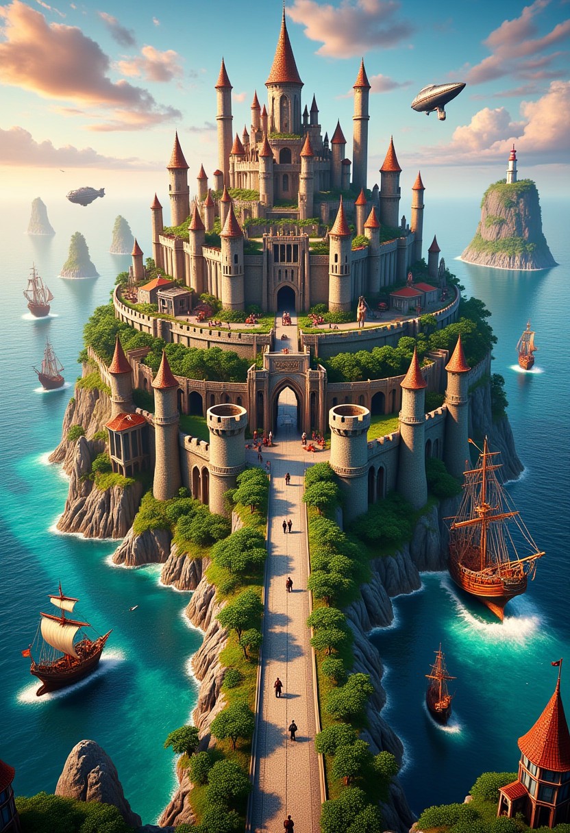 Imagine a fantastic picture of (a fairy-tale city and a castle above it made of ametiste:1.7). The city rises above the sea like a mountain, ancient powerful walls and towers are entwined with tropical greenery. A wide road leads to the main gate, laid like a floating bridge from the mainland. Also near the walls are harbors full of merchant and military sailing ships. Along the road leading to the city, figures of people in medieval clothes with steampunk elements move. Airships and security patrols on small dragons fly in the sky. In the distance, a cape with a lighthouse shining brightly in the pre-sunset light is visible. On the sea surrounding the city, a small storm is raising white foam on the waves.
Highly detailed mastrpiese. extremally high detailed