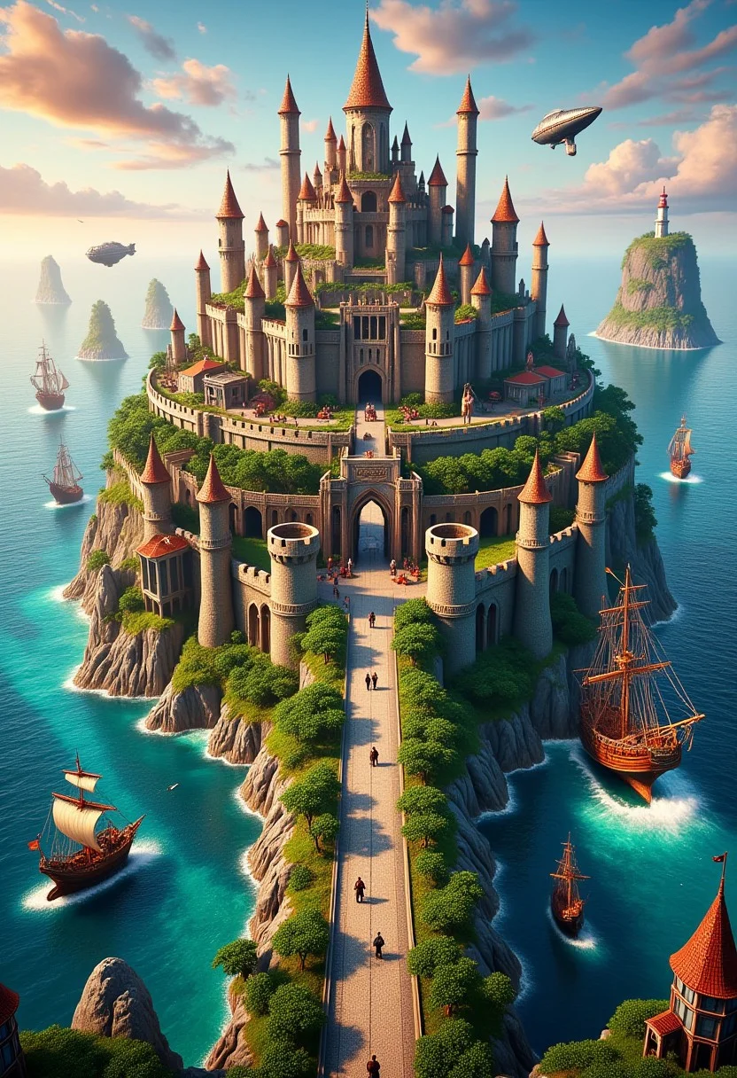 Imagine a fantastic picture of (a fairy-tale city and a castle above it made of ametiste:1.7). The city rises above the sea like a mountain, ancient powerful walls and towers are entwined with tropical greenery. A wide road leads to the main gate, laid like a floating bridge from the mainland. Also near the walls are harbors full of merchant and military sailing ships. Along the road leading to the city, figures of people in medieval clothes with steampunk elements move. Airships and security patrols on small dragons fly in the sky. In the distance, a cape with a lighthouse shining brightly in the pre-sunset light is visible. On the sea surrounding the city, a small storm is raising white foam on the waves.
Highly detailed mastrpiese. extremally high detailed