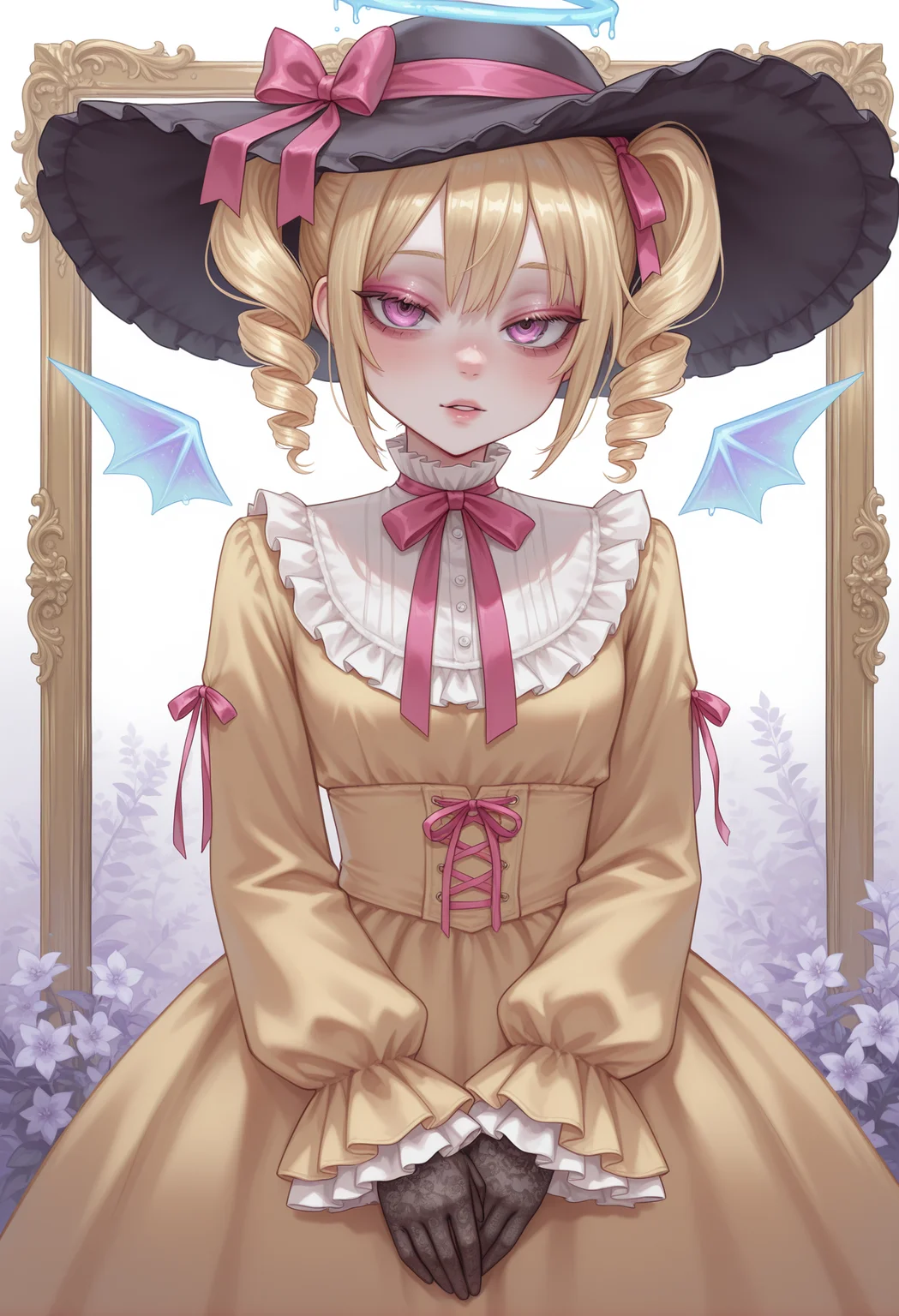 1girl, solo, <lora:argentum_style:1>, argentum_style, goth fashion, long dress, frilled dress, frilled sleeves, wide brim, yellow dress, pink ribbon, twin drills, blonde hair, lilac eyes, cowboy shot, crystal wings, melted halo, frame, flowers background, white background, parted lips, pink eyeshadow, lace gloves, half gloves, high collar, blue halo
