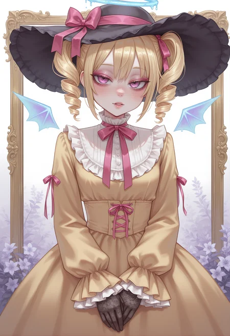 1girl, solo, <lora:argentum_style:1>, argentum_style, goth fashion, long dress, frilled dress, frilled sleeves, wide brim, yellow dress, pink ribbon, twin drills, blonde hair, lilac eyes, cowboy shot, crystal wings, melted halo, frame, flowers background, white background, parted lips, pink eyeshadow, lace gloves, half gloves, high collar, blue halo