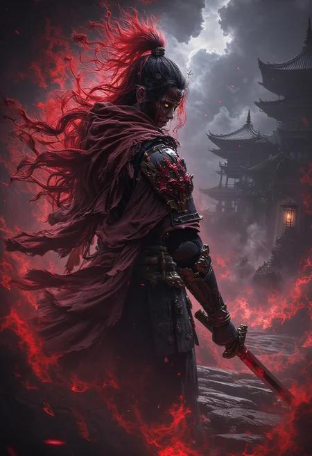 samurai, red armor details, fiery katana, toxic red hair, toxic red color in the entire composition associated with the samurai, everything else is gloomy and inversion in color, the background is a city in inversion color, night, dark atmosphere,