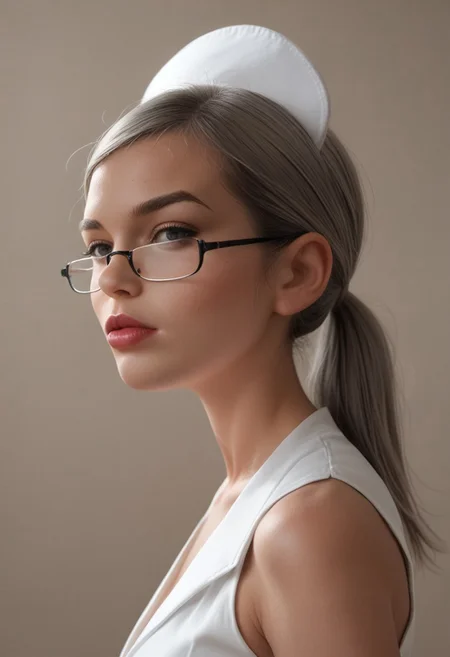 score_9, score_8_up, score_7_up, score_6_up, source_cartoon, source_safe, raw, realistic, 2d, cowboy portrait, face focus, side profile,
N1ght_Nur53, 1girl, semi frameless eyewear, grey eyes, white thighhighs, lips, hat, white dress, nurse, grey hair, ponytail,