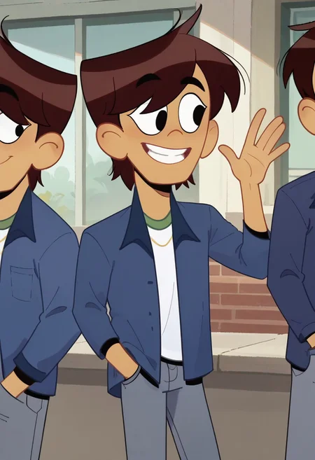 Depth of field.score_9_up, score_8_up, score_7_up,  Ollie Chen, brown hair,dark-skinned male,black eye, short hair,blue jacket, white shirt, pants, 1male, hand in pocket, smile, waving