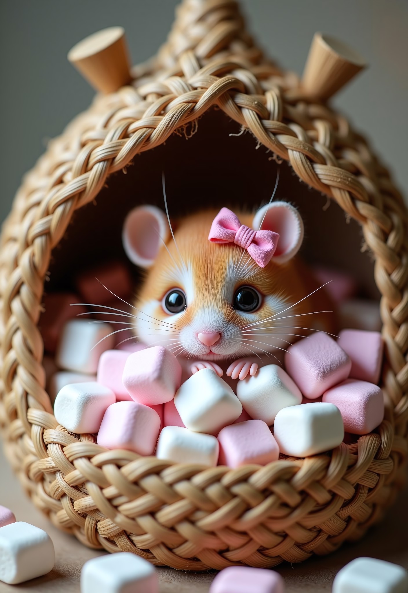 aidmaimageupgrader, a high quality digital image of an intricate and adorable little dormouse, she is relaxing on a bed of soft and fluffy white and pink marshmallows inside an intricate thatched box, she has a cute little marashmallow bow on her head